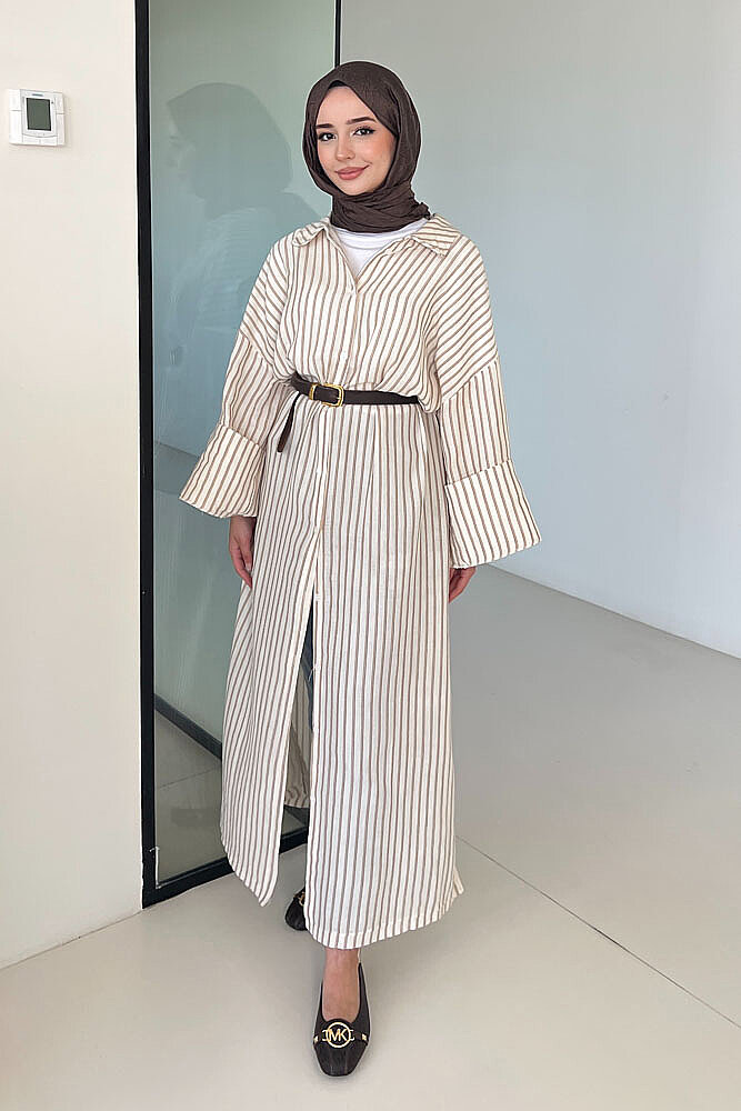 Lal Çizgili Oversize Keten - Kahverengi - ALLMİSS (2)