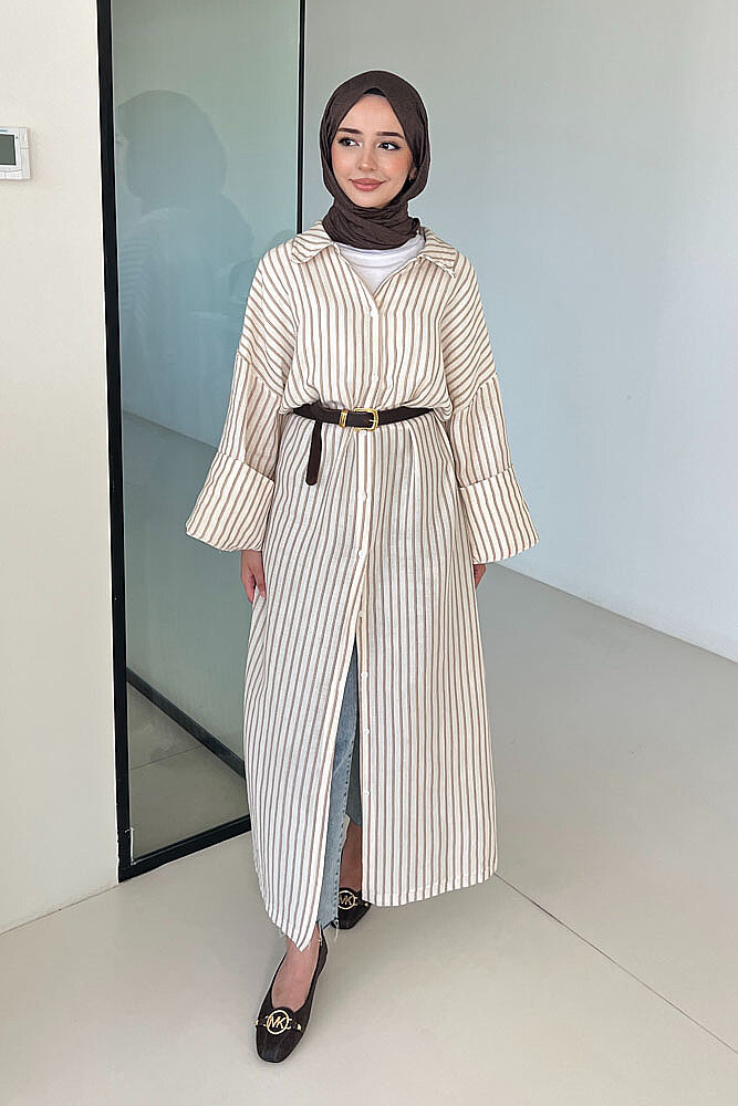 Lal Çizgili Oversize Keten - Kahverengi - 4