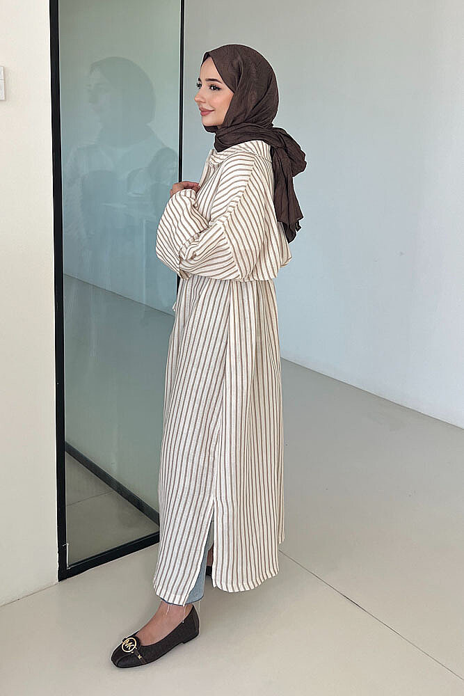 Lal Çizgili Oversize Keten - Kahverengi - ALLMİSS (4)