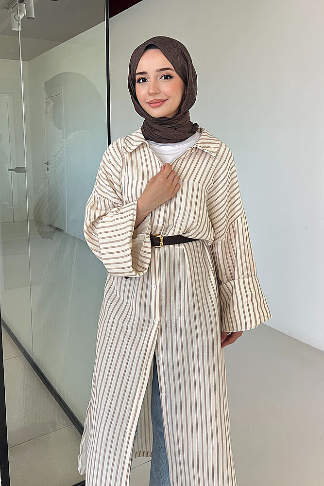 Lal Çizgili Oversize Keten - Kahverengi - ALLMİSS (5)