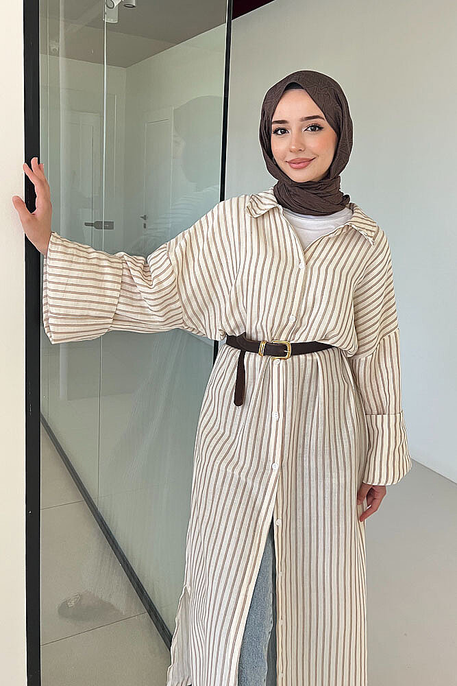 Lal Çizgili Oversize Keten - Kahverengi - ALLMİSS (0)