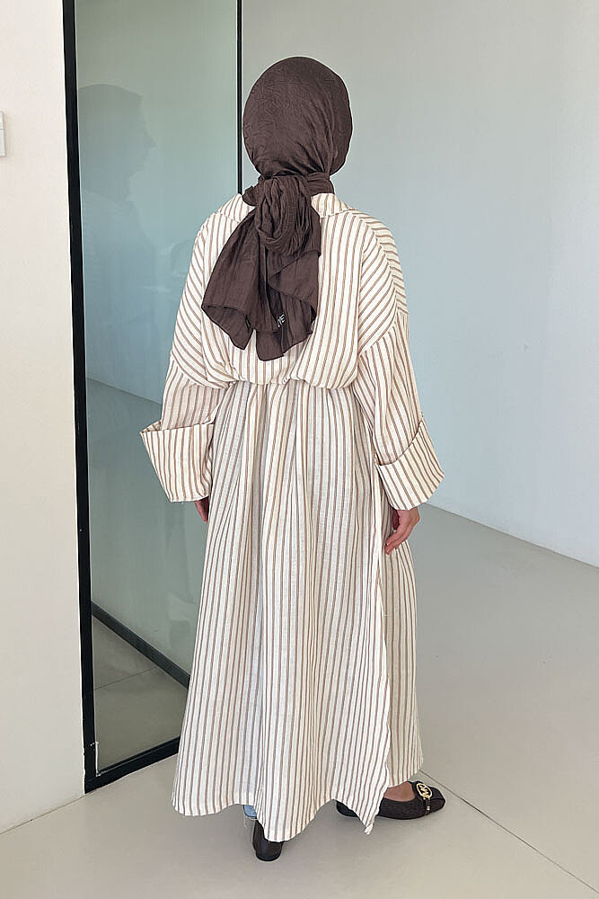 Lal Çizgili Oversize Keten - Kahverengi - 7
