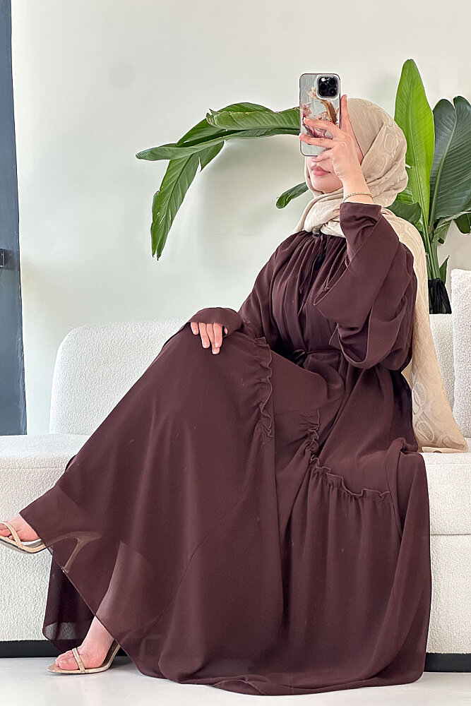 Lavien Şifon Bağlama Detaylı Elbise - Kahverengi - 8