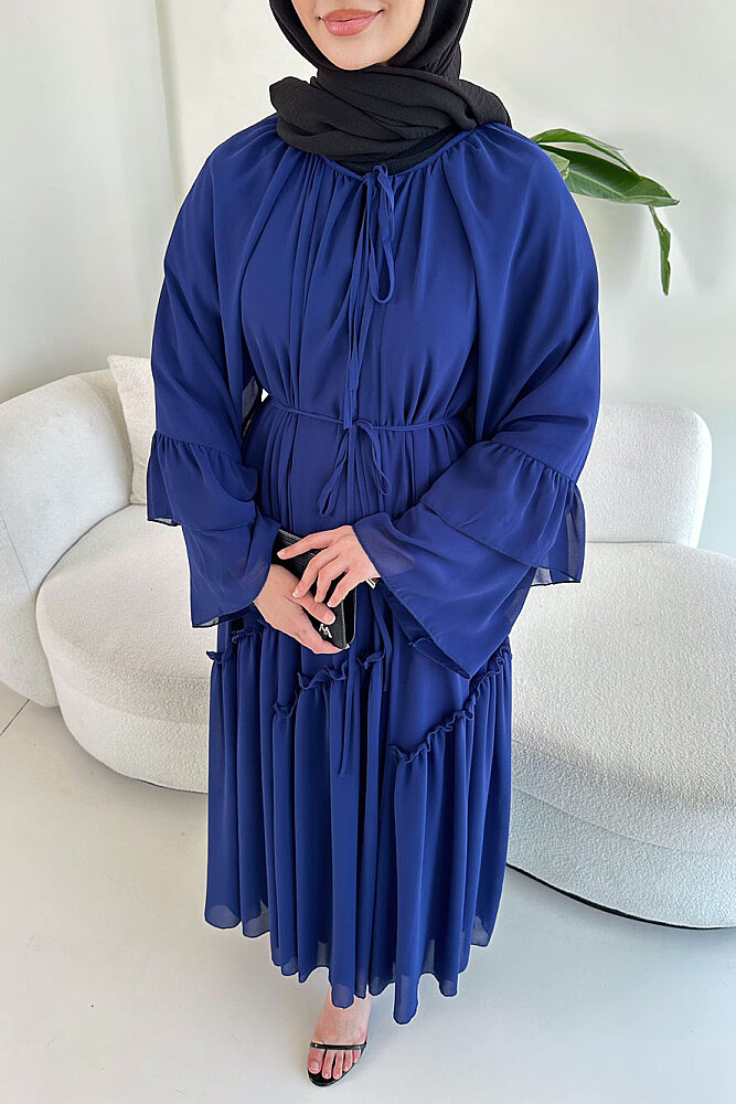 Lavien Şifon Bağlama Detaylı Elbise - Saks Mavisi - 9