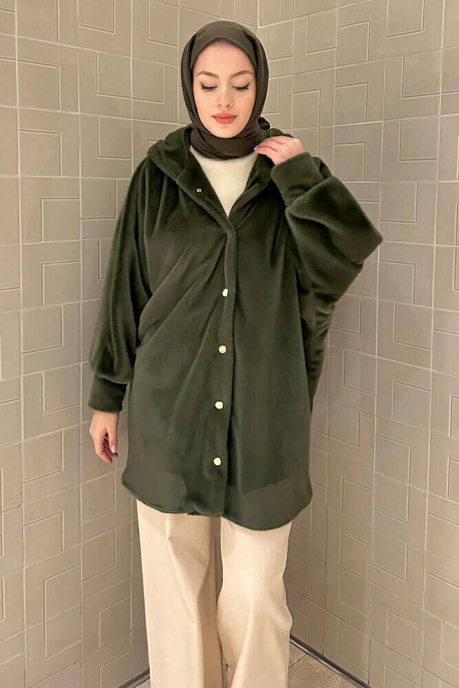 Lavin Kapüşonlu Peluş Mont - Haki - HEWES (2)