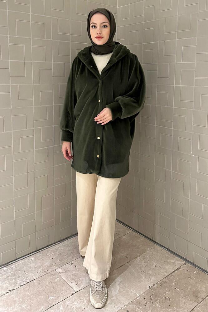 Lavin Kapüşonlu Peluş Mont - Haki - HEWES (1)