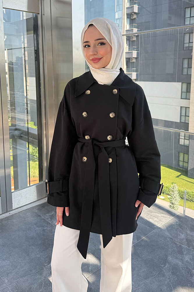 Lavin Pelerinli Kısa Trençkot - Siyah - 4
