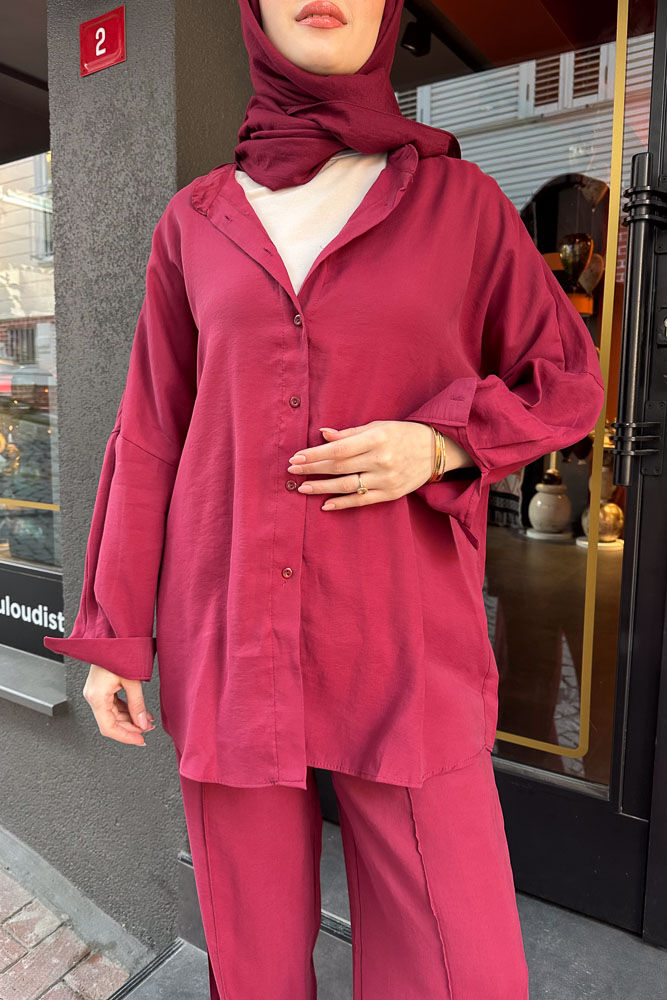 Leva Gömlek Pantolon Rahat Takım - Bordo - 4
