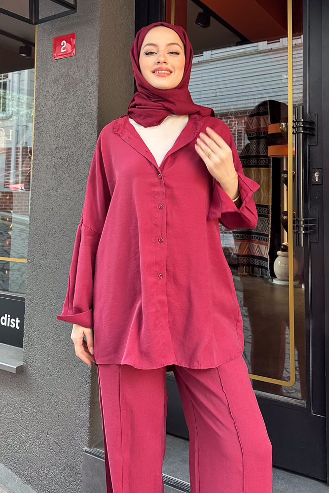 Leva Gömlek Pantolon Rahat Takım - Bordo - 7