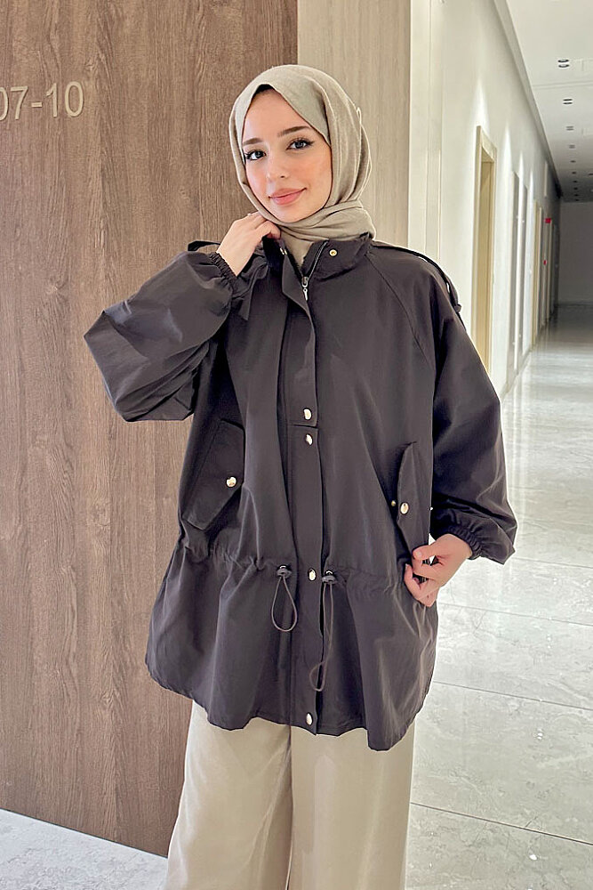 Lina Büzgülü Kısa Trenç - Kahverengi - ALLMİSS (1)