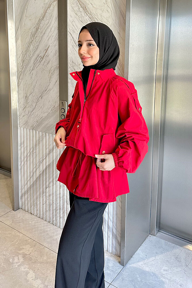 Lina Büzgülü Kısa Trenç - Kırmızı - 5