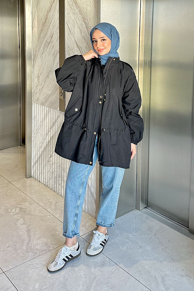 Lina Büzgülü Kısa Trenç - Siyah - 2