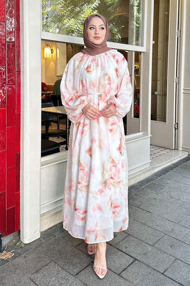 Lina Desenli Şifon Elbise - Pudra - 4