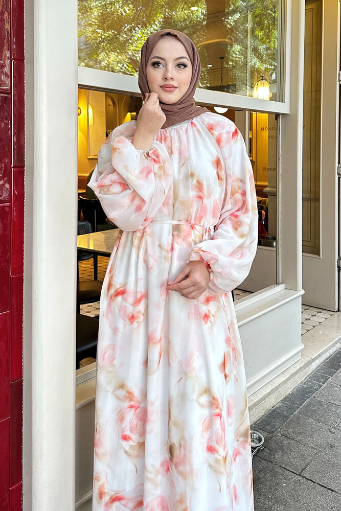 Lina Desenli Şifon Elbise - Pudra - 5