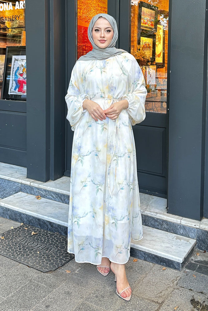 Lina Desenli Şifon Elbise - Sarı - 5