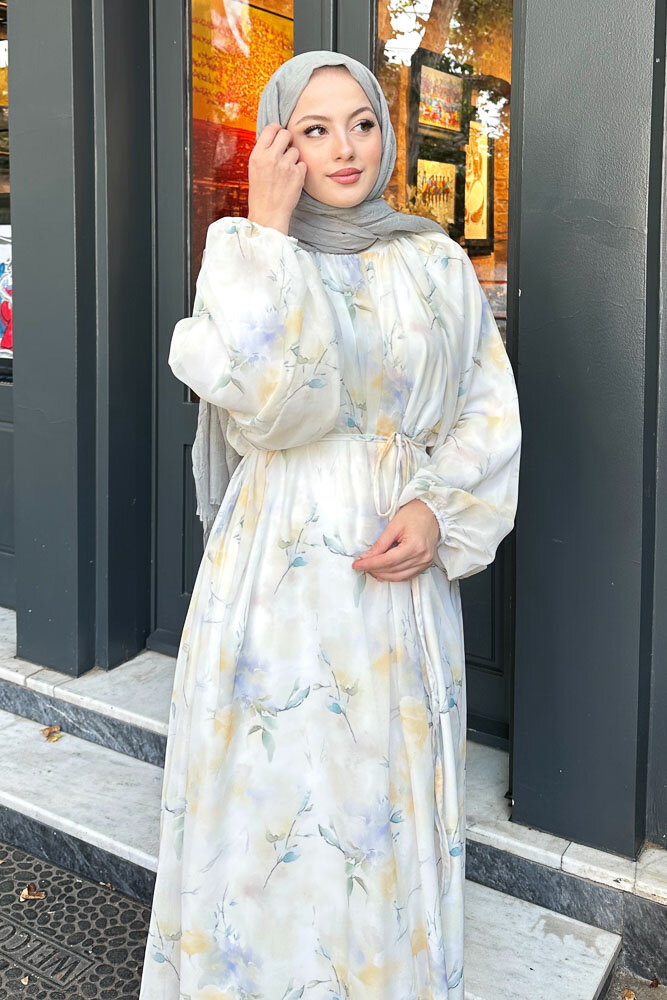 Lina Desenli Şifon Elbise - Sarı - 2