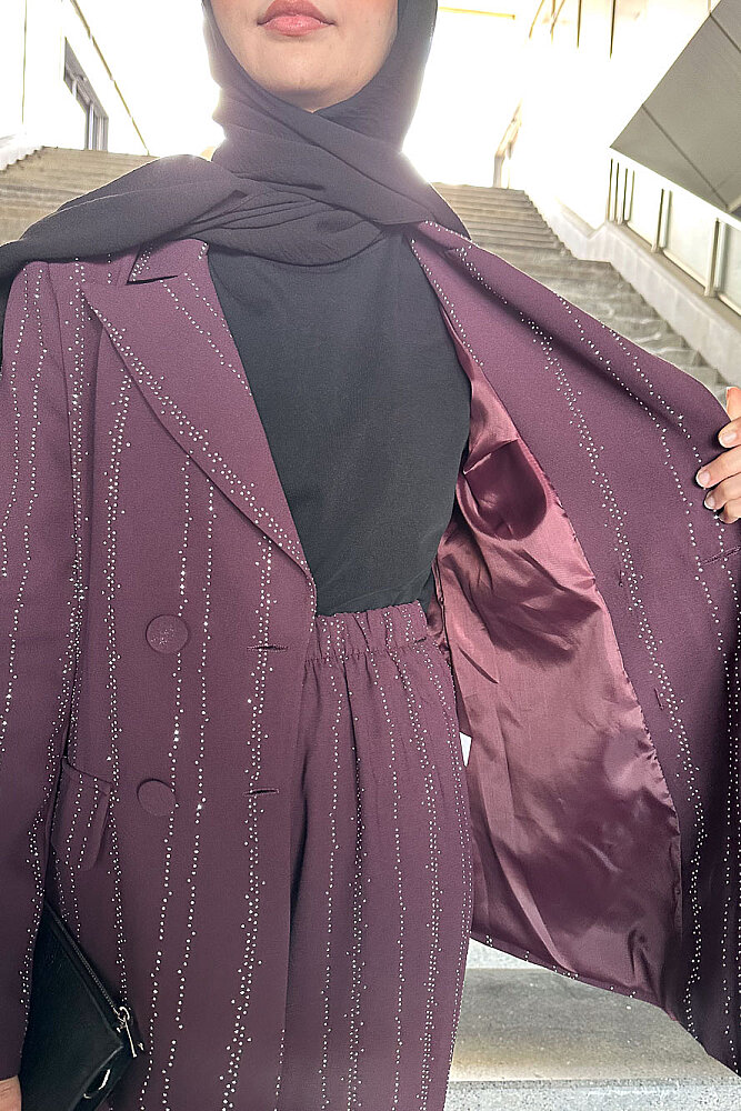 Line Taş Detaylı Pantolon Ceket Takım - Mürdüm - 6