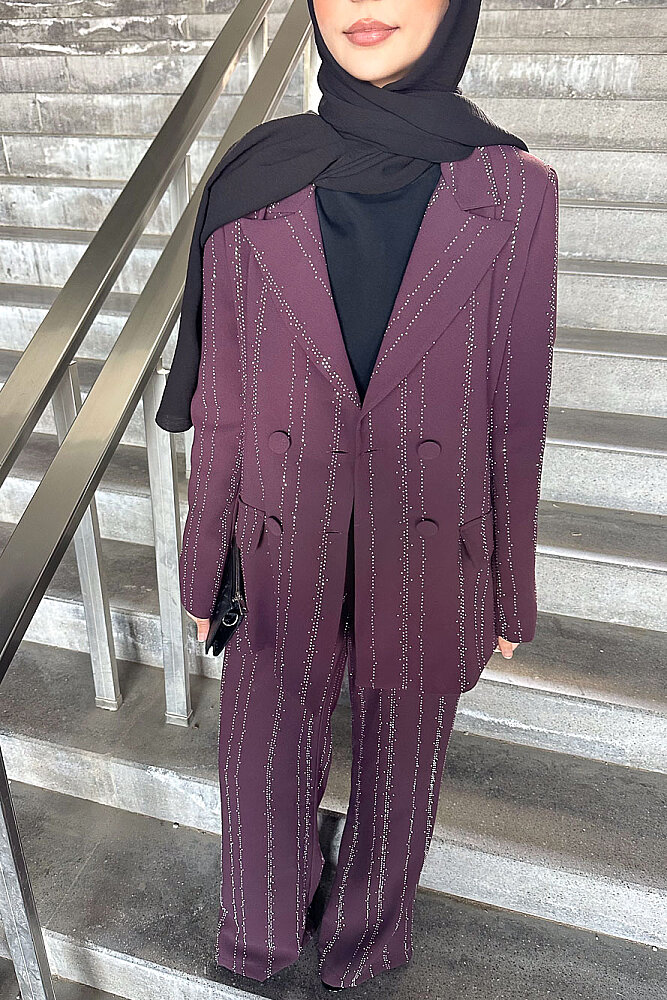 Line Taş Detaylı Pantolon Ceket Takım - Mürdüm - 8