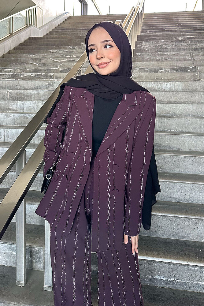 Line Taş Detaylı Pantolon Ceket Takım - Mürdüm - 7