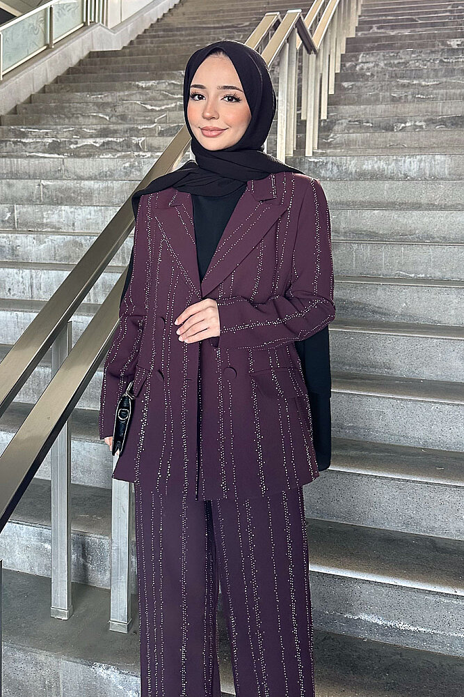 Line Taş Detaylı Pantolon Ceket Takım - Mürdüm - 2