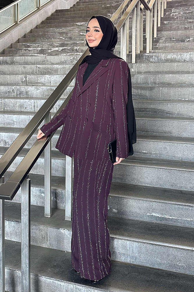 Line Taş Detaylı Pantolon Ceket Takım - Mürdüm - 3