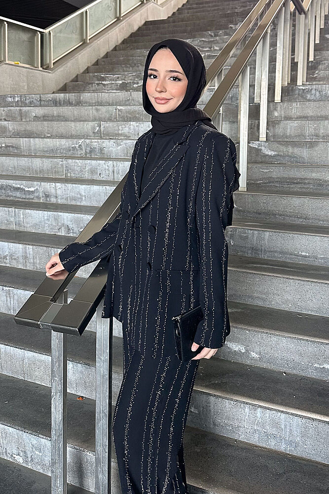 Line Taş Detaylı Pantolon Ceket Takım - Siyah - 6