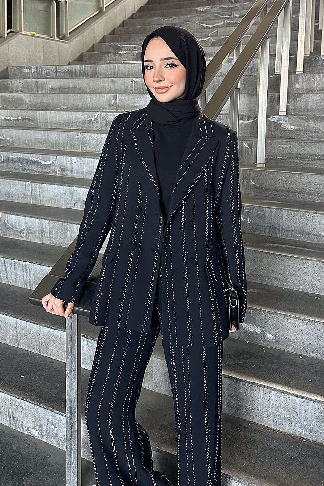 Line Taş Detaylı Pantolon Ceket Takım - Siyah - 4