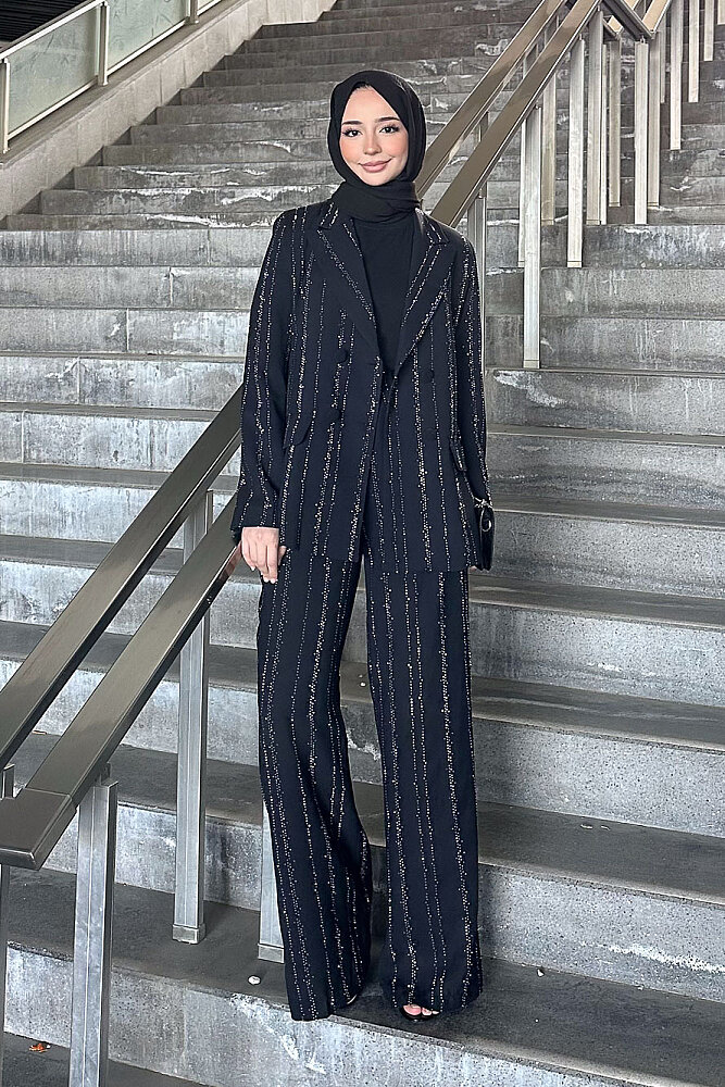 Line Taş Detaylı Pantolon Ceket Takım - Siyah - 7