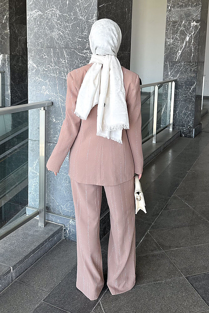 Line Taş Detaylı Pantolon Ceket Takım - Vizon - 8