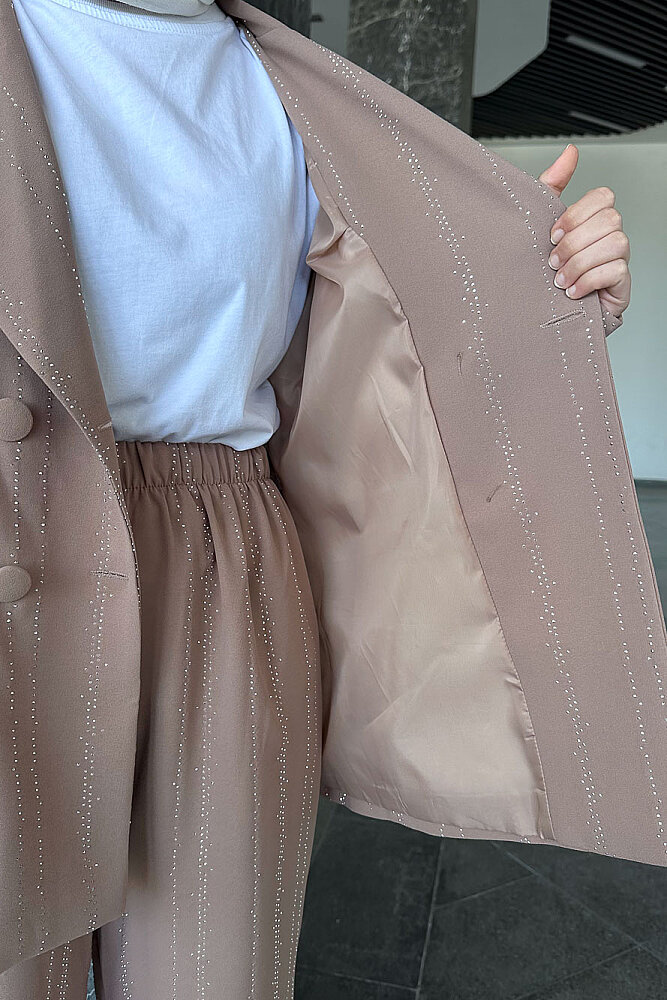 Line Taş Detaylı Pantolon Ceket Takım - Vizon - 7