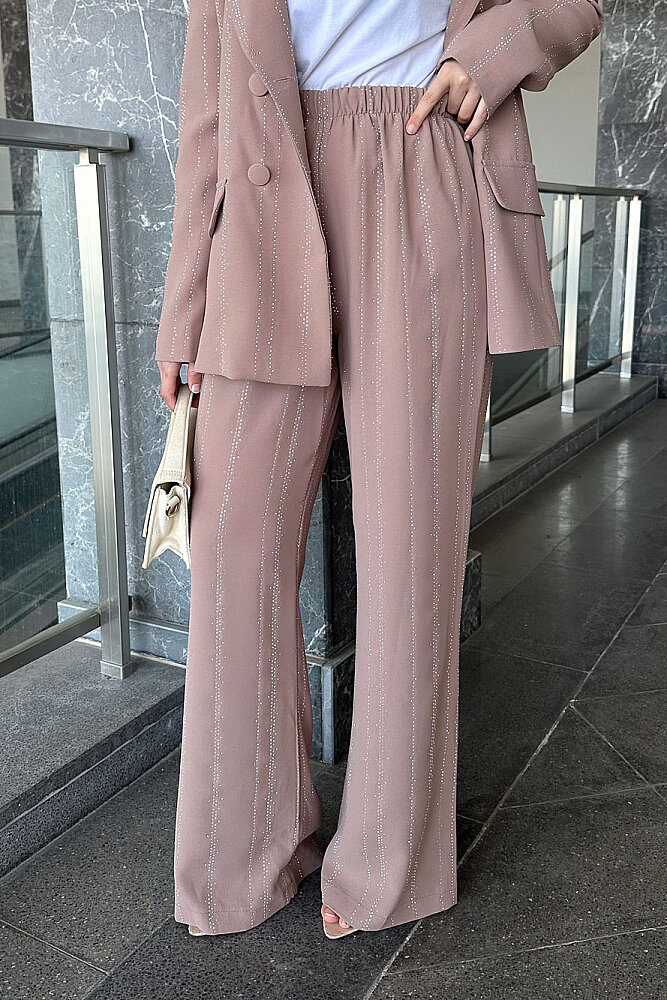 Line Taş Detaylı Pantolon Ceket Takım - Vizon - 5
