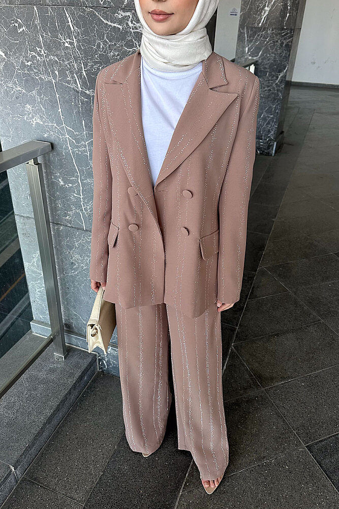 Line Taş Detaylı Pantolon Ceket Takım - Vizon - 2