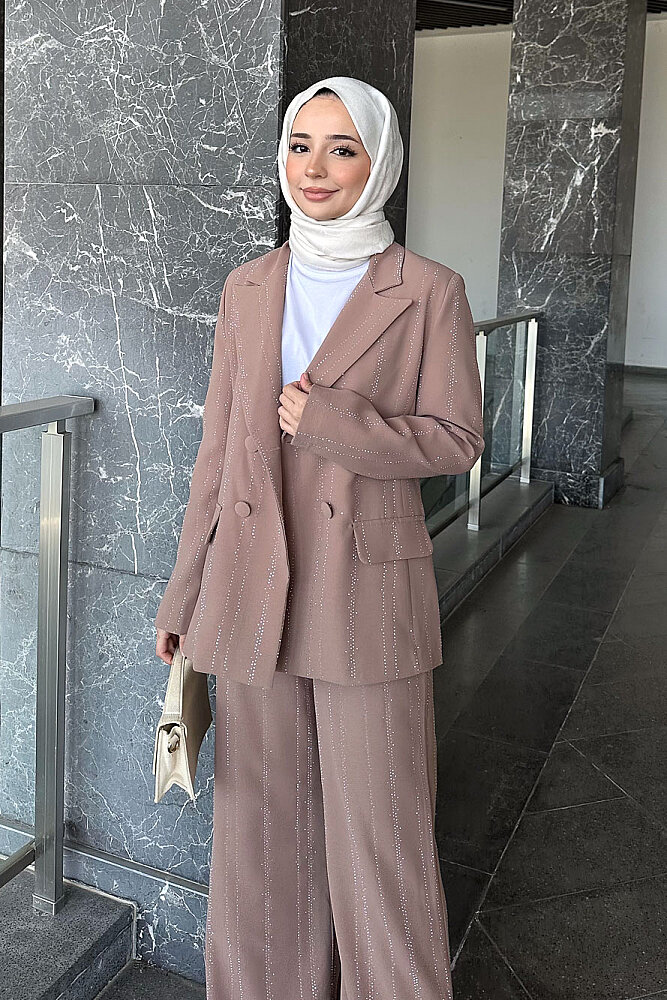 Line Taş Detaylı Pantolon Ceket Takım - Vizon - 3