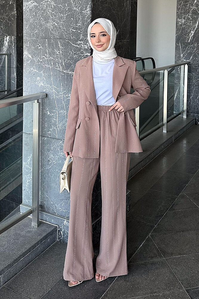 Line Taş Detaylı Pantolon Ceket Takım - Vizon - 4