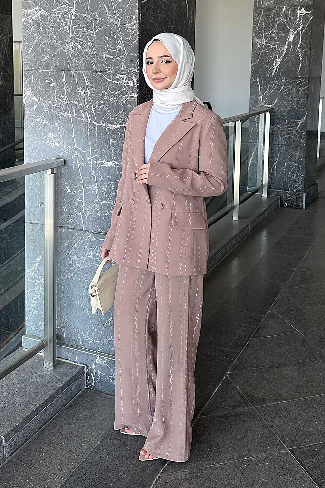 Line Taş Detaylı Pantolon Ceket Takım - Vizon - 6