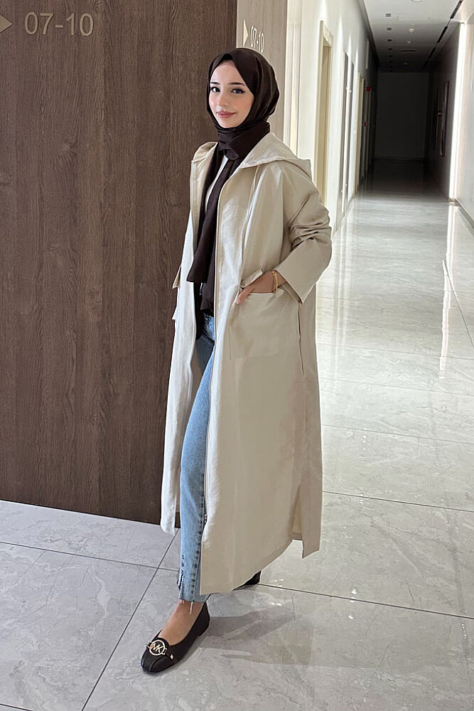 Linnea Kapüşonlu Fermuarlı Kap - Bej - 7