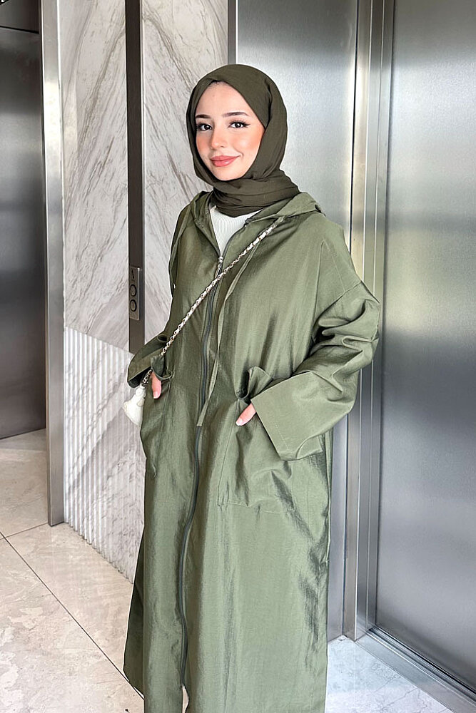 Linnea Kapüşonlu Fermuarlı Kap - Haki - 1