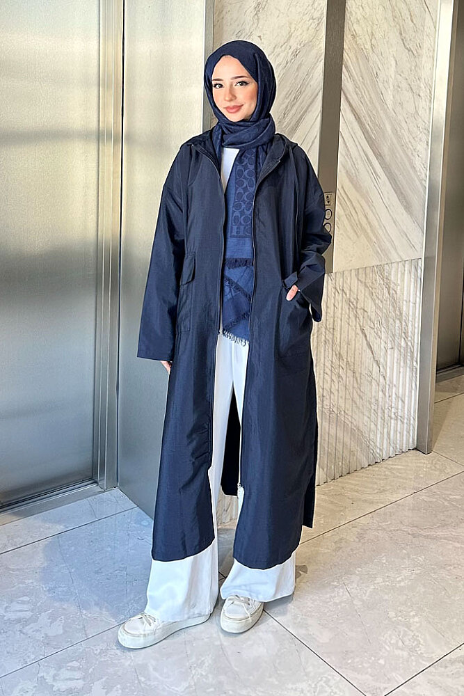 Linnea Kapüşonlu Fermuarlı Kap - Lacivert - 2