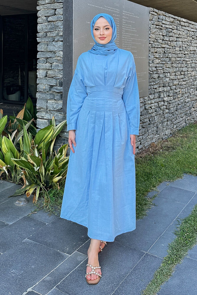 Liora Piliseli Elbise - Mavi - 3