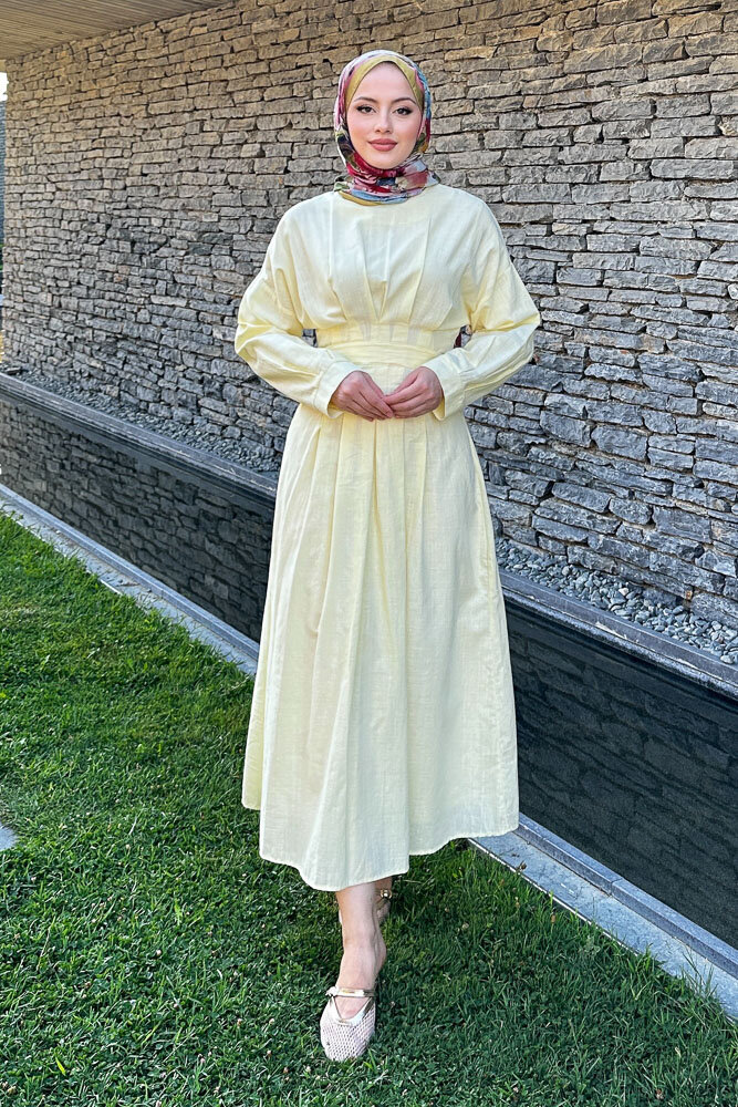 Liora Piliseli Elbise - Sarı - HENZA (3)