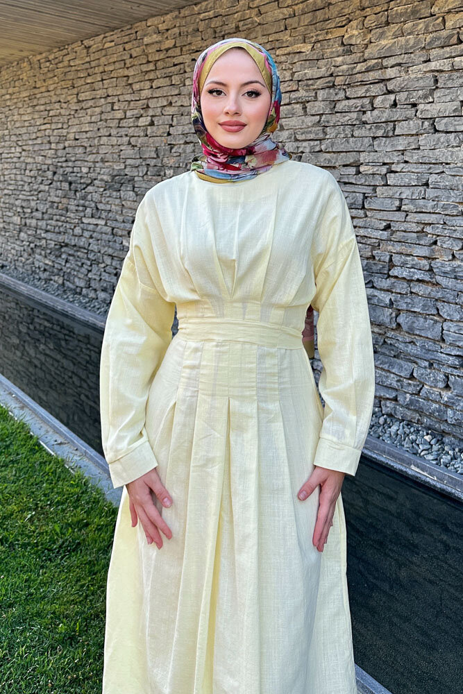 Liora Piliseli Elbise - Sarı - HENZA (1)