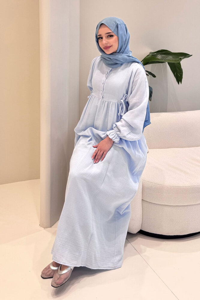 Liorena Yandan Bağlamalıi Müslin Elbise - Açık Mavi - 2