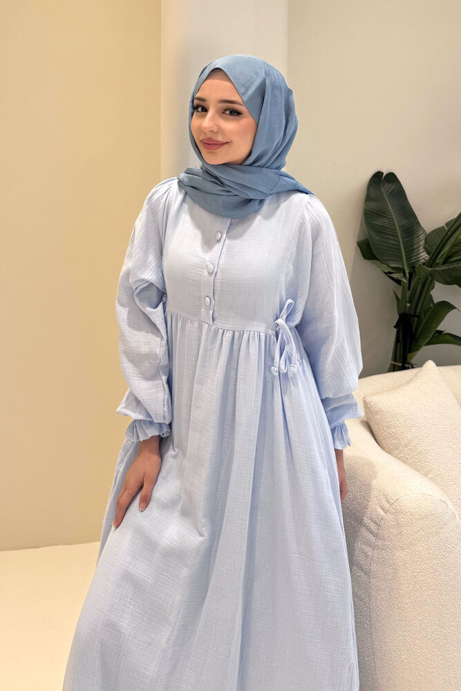 Liorena Yandan Bağlamalıi Müslin Elbise - Açık Mavi - 5
