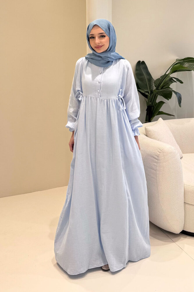 Liorena Yandan Bağlamalıi Müslin Elbise - Açık Mavi - 1