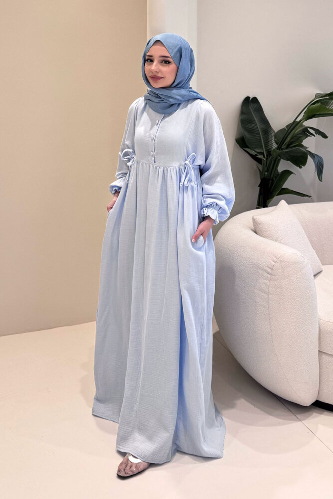 Liorena Yandan Bağlamalıi Müslin Elbise - Açık Mavi - 4