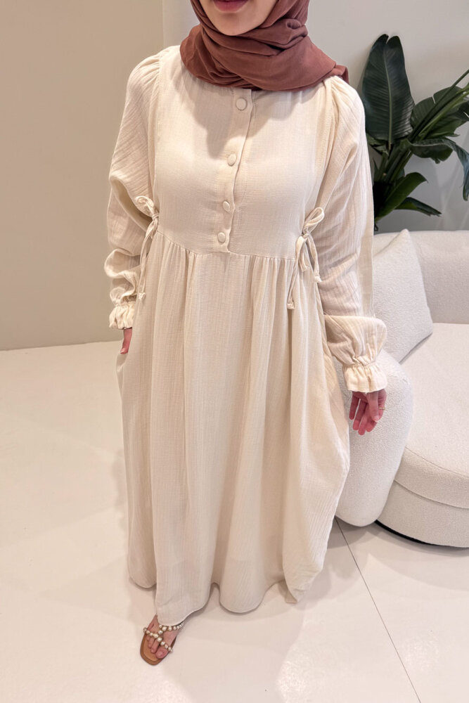 Liorena Yandan Bağlamalıi Müslin Elbise - Bej - ALLMİSS (3)