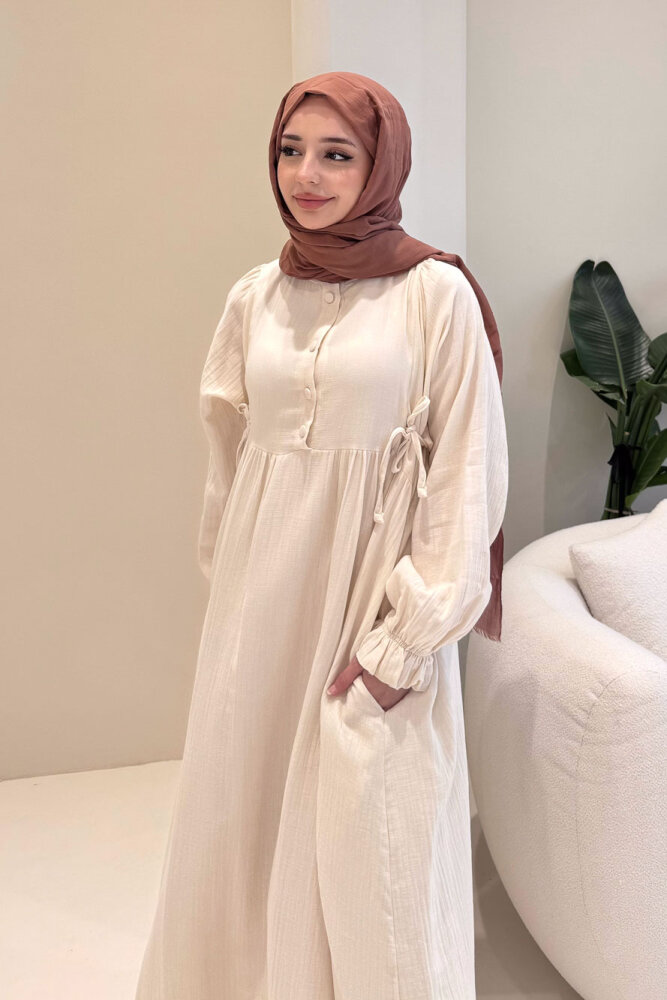 Liorena Yandan Bağlamalıi Müslin Elbise - Bej - 2