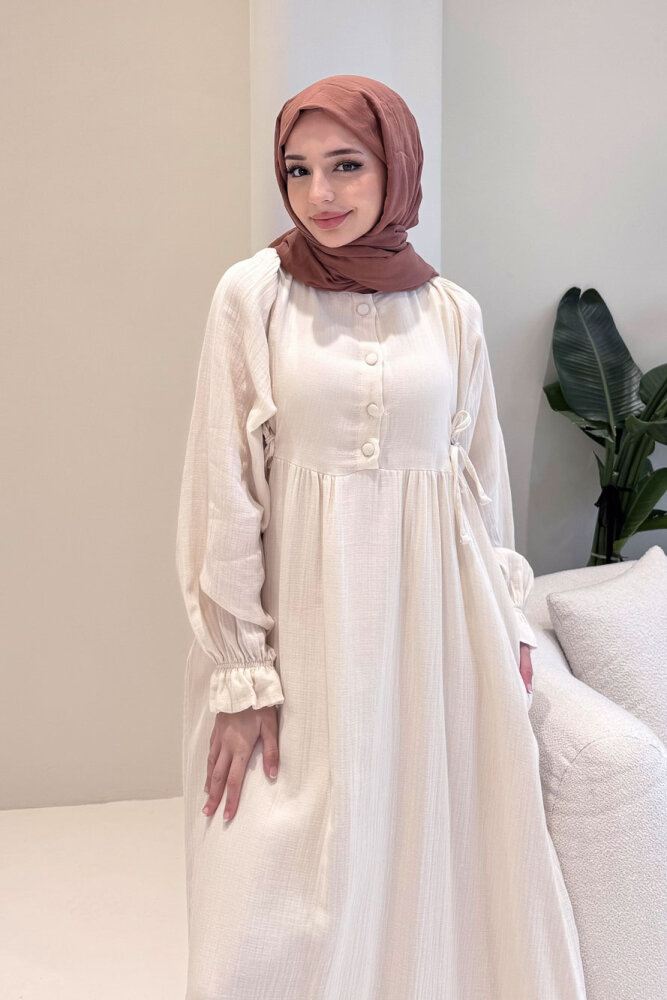 Liorena Yandan Bağlamalıi Müslin Elbise - Bej - ALLMİSS (5)