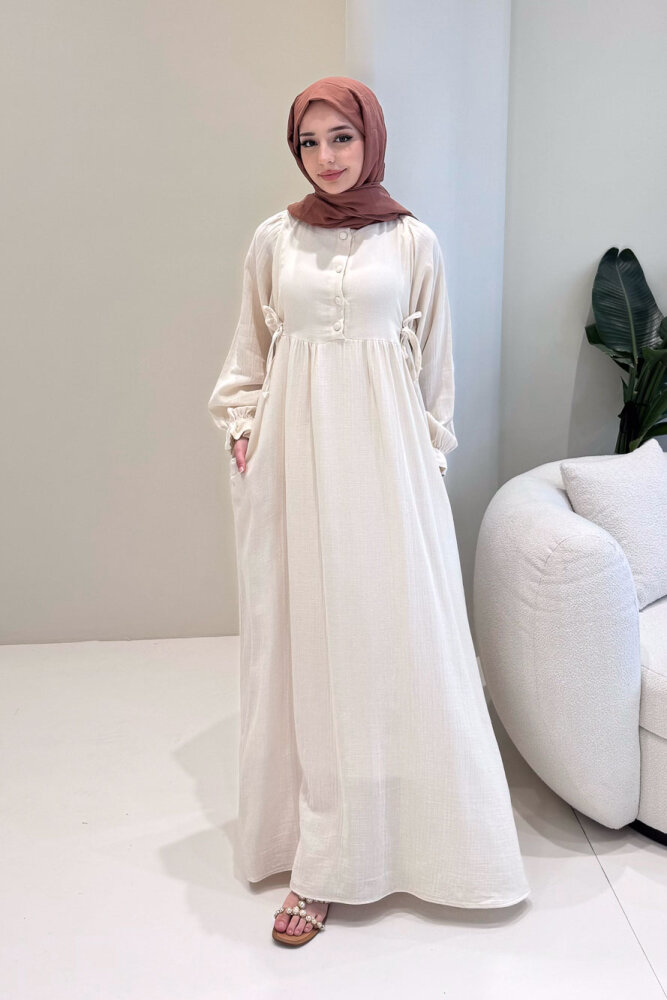 Liorena Yandan Bağlamalıi Müslin Elbise - Bej - 1