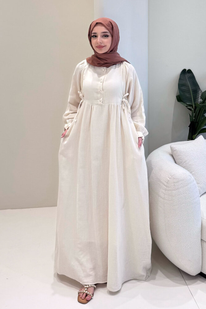 Liorena Yandan Bağlamalıi Müslin Elbise - Bej - 5